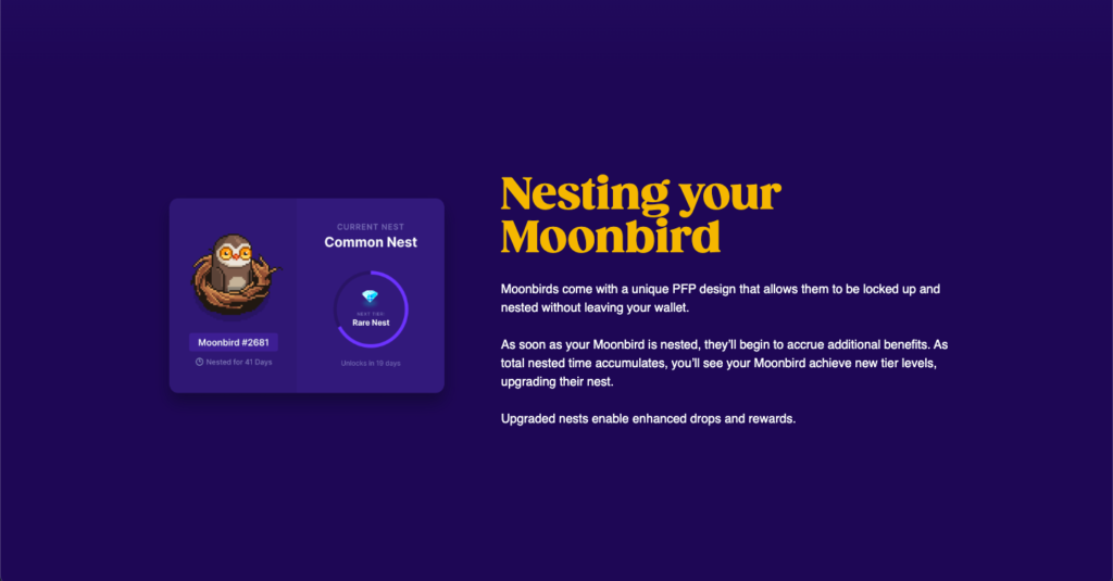 ネストすることで、報酬や特典を得られる。
Nesting your Moonbird
