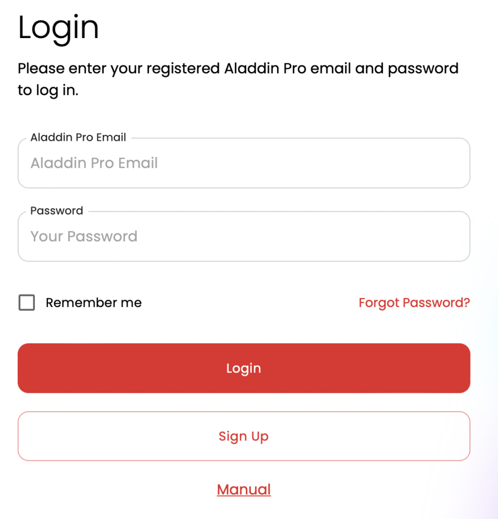 ログイン画面：Please enter your registered Aladdin Pro email and password to log in.
