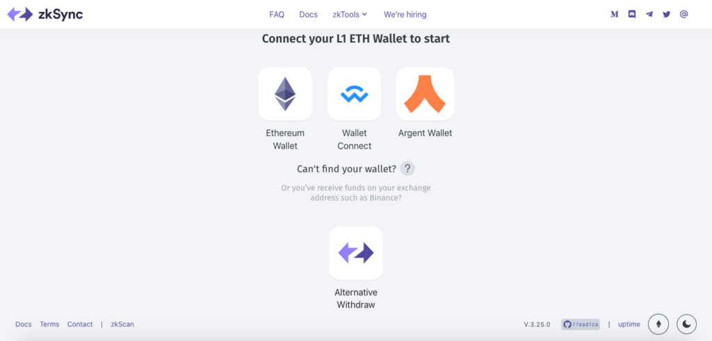 zkSyncの公式サイトにアクセス→「Ethereum Wallet」をクリック