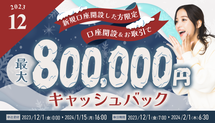 新規アカウント開設と取引で最大80万円のキャッシュバック